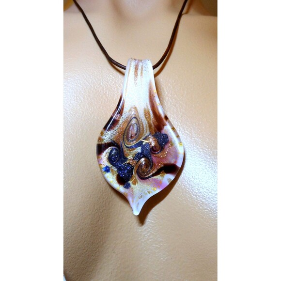 LRG Murano Hand Blown Glass Pendant Copper Gold Indigo Brown Champagne - Picture 3 of 7